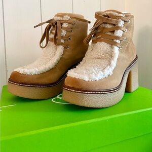 Sam Edelman Tan and White Lace Up Boots with Chunky Heel